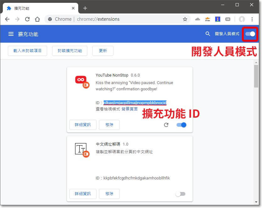 先開啟右上角的「開發人員模式」，再找到要備份的擴充功能欄位，並把他的 ID 記錄下來。